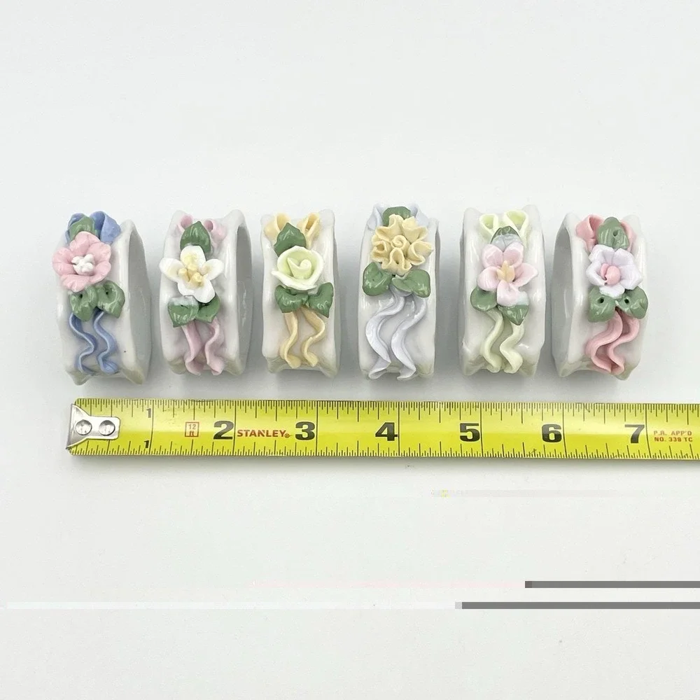 Vintage 1980s Porcelain Floral Napkin Rings Set of 6 Applied Flowers Pastel